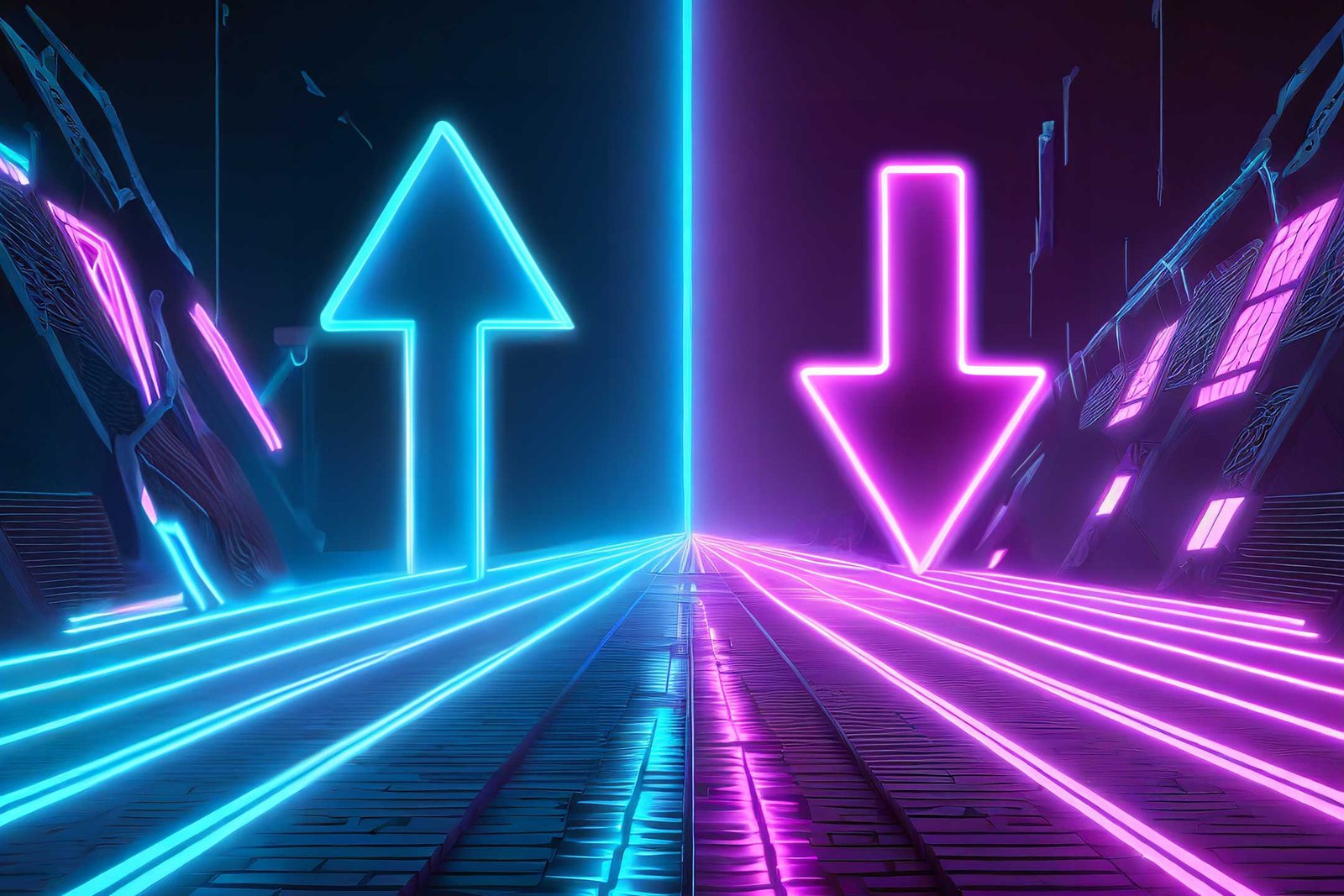 Pijl omhoog en pijl omlaag in neon