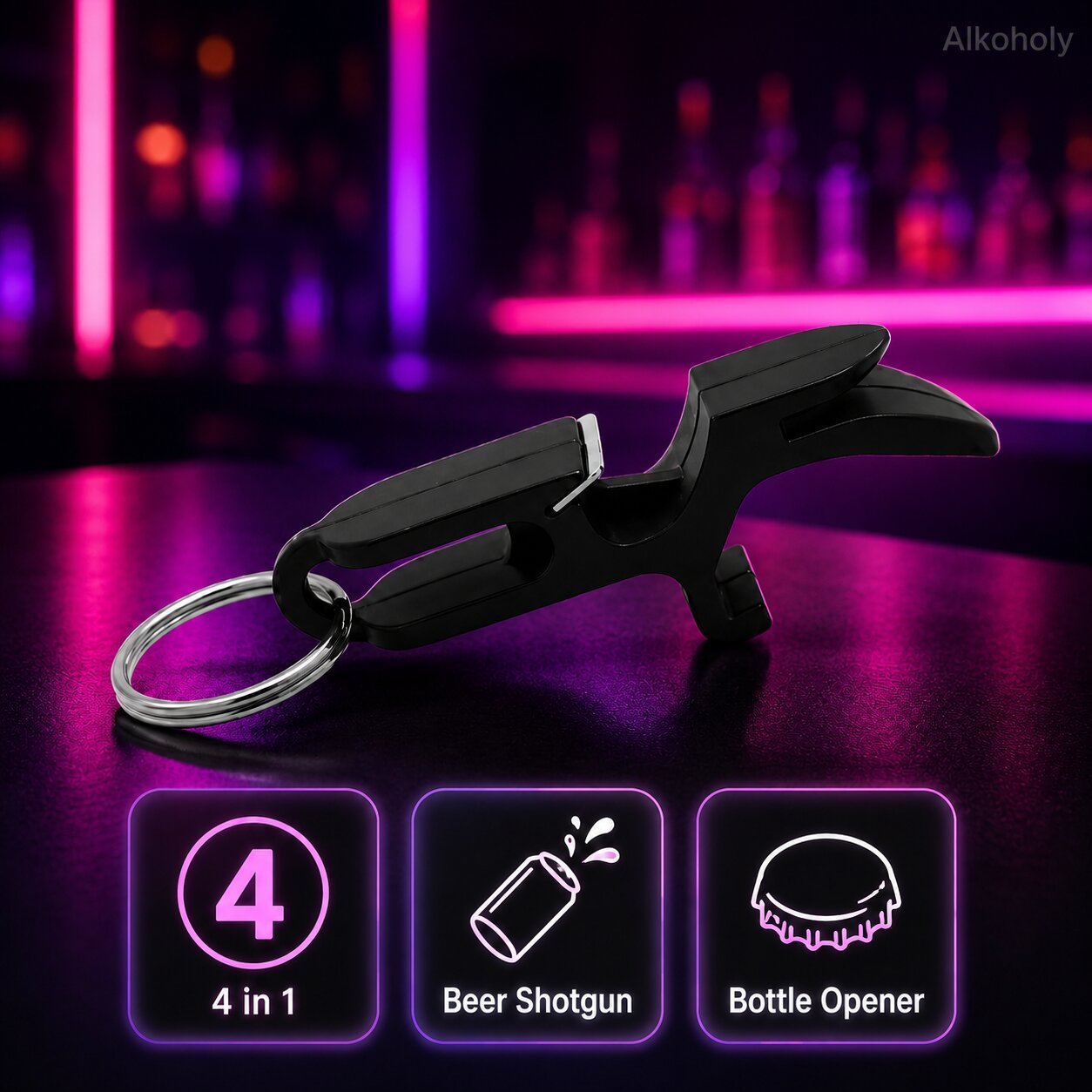 4in1 Shotgun Tool - bierprikker, flesopener, blikopener, sleutelhanger in één