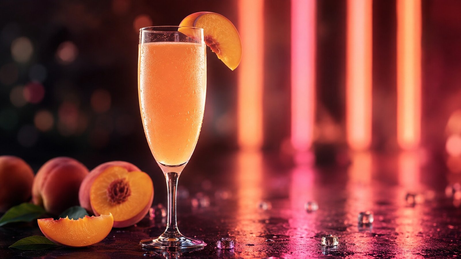 Bellini Cocktail vor stark verschwommenem pfirsichfarbenem und pinkem Neonlicht