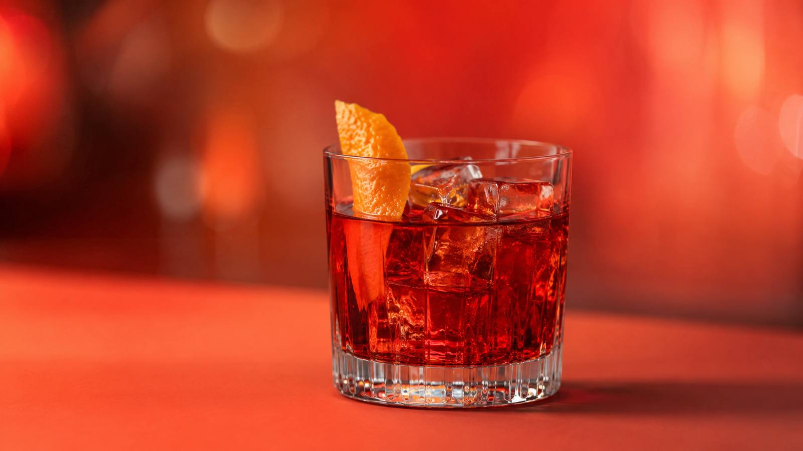 Boulevardier vor extrem unscharfem Neonhintergrund in der Farbe des Drinks