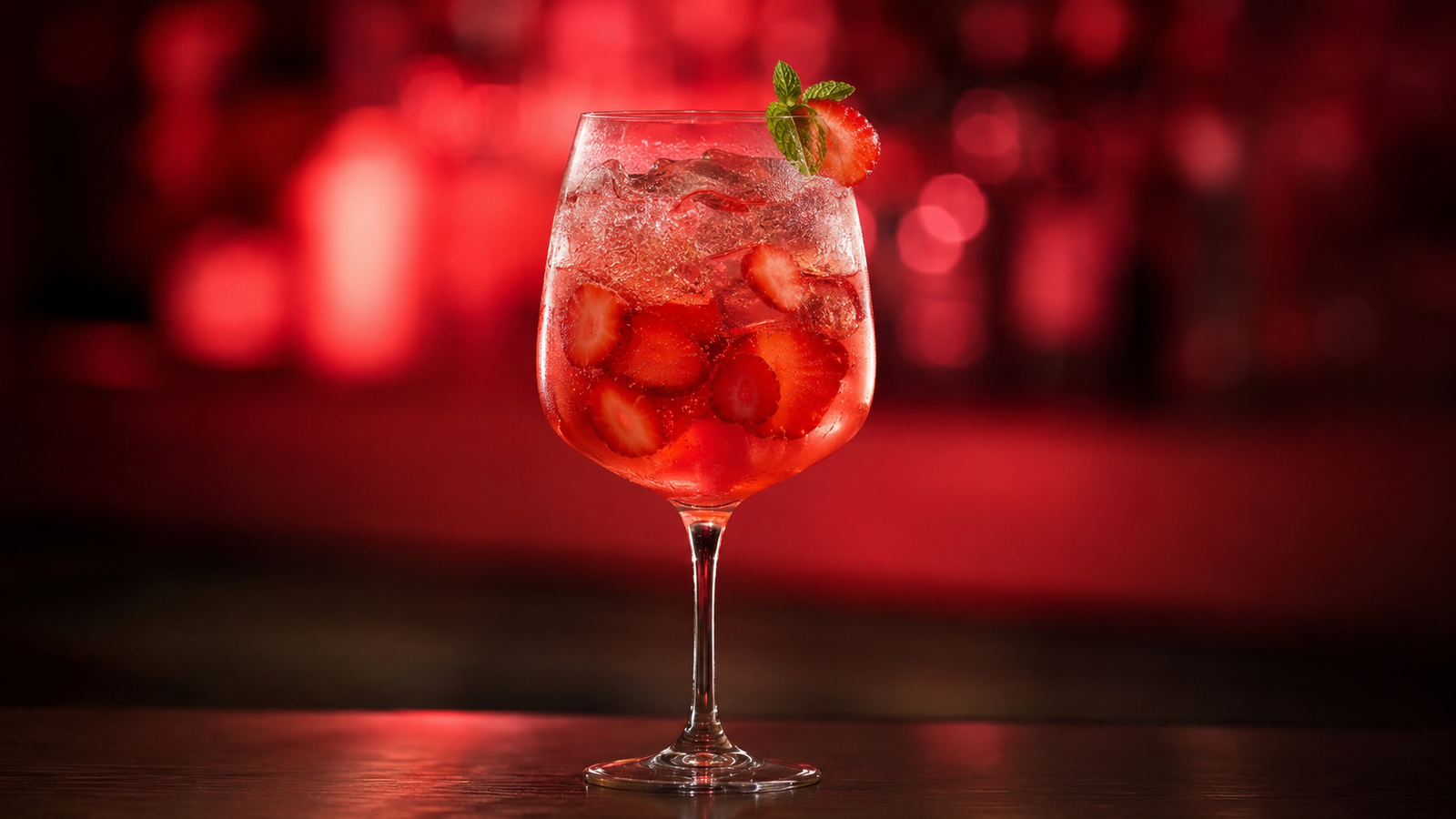 Neon Rezeptbild 232501 Erdbeerbowle Erdbeerbowle vor extrem unscharfem Neonhintergrund in der Farbe des Drinks