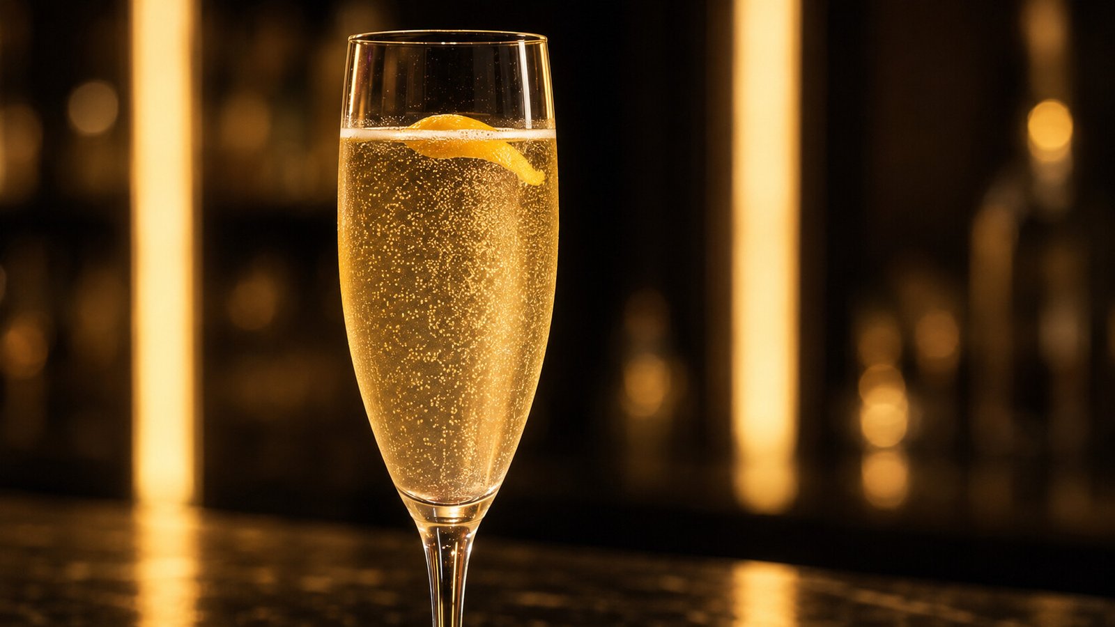 French 75 im Neonlicht French 75 im Glas vor farbigem Neonlicht