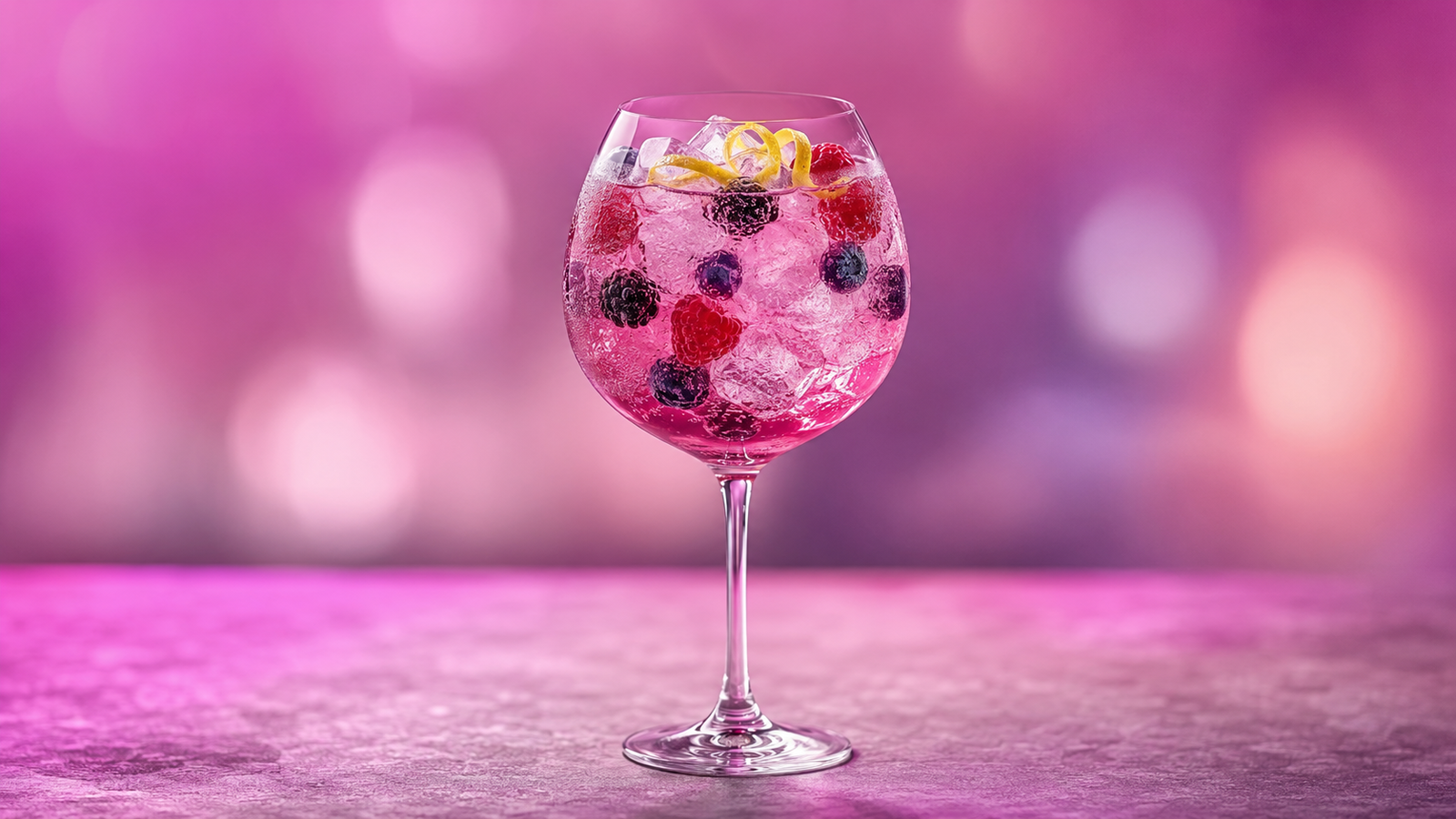 Gin Wild Berry vor extrem unscharfem Neonhintergrund in der Farbe des Drinks