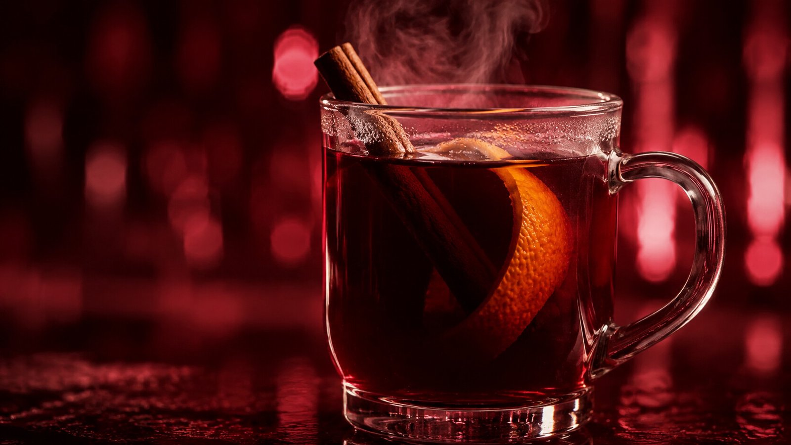 Glühwein im Neonlicht Glühwein im Glas vor warmem Licht