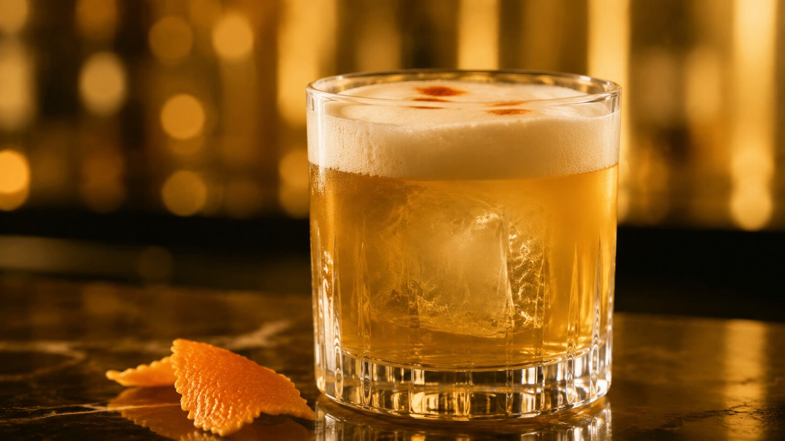 Whiskey Sour vor passendem gold-bernsteinfarbenem Neonlicht im Alkoholy-Stil